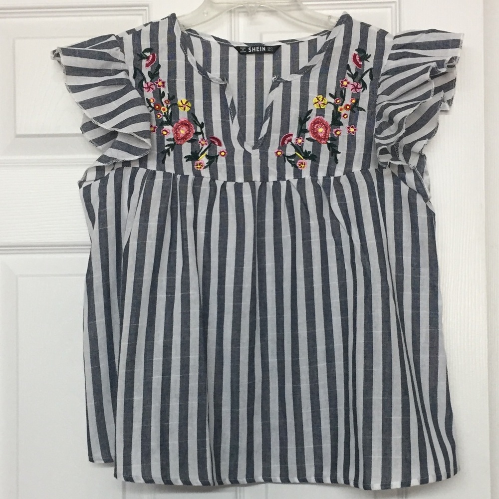 Shein Floral Embroidery Blue Stripe Top Flutter Sleeves Linen Look Babydoll Sz S